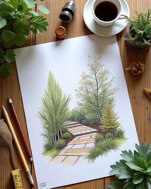 Boceto de diseño de un jardín sobre una mesa de madera junto a plantas nativas.