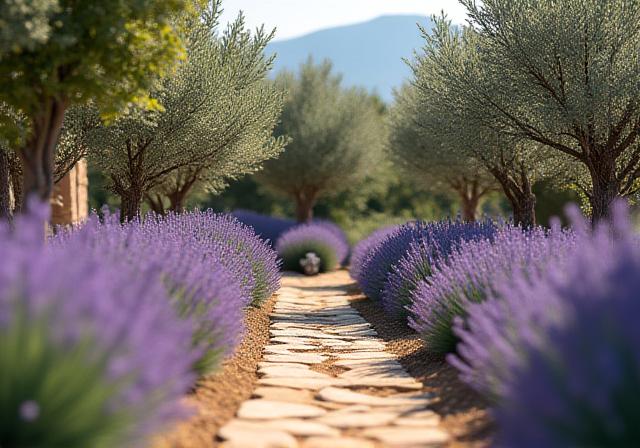 Vista de un jardín de estilo mediterráneo con lavanda y olivos.
