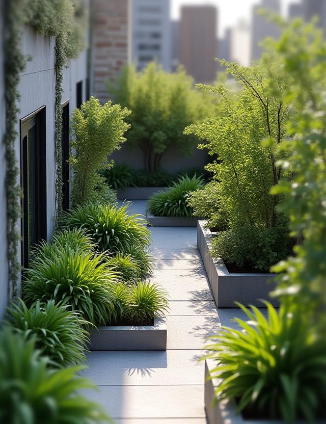 Terraza moderna con maceteros de madera y plantas frondosas.
