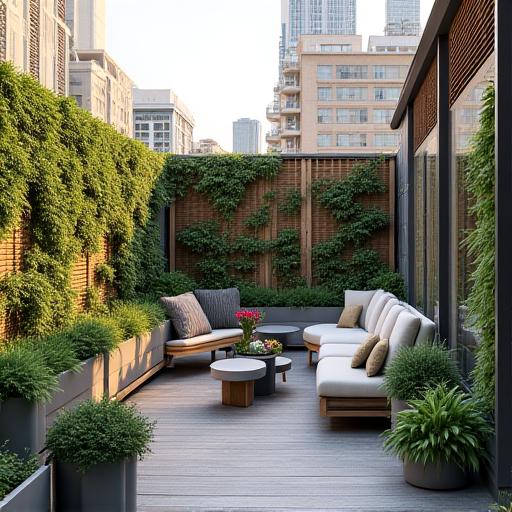 Terraza urbana con maceteros y vegetación vertical.