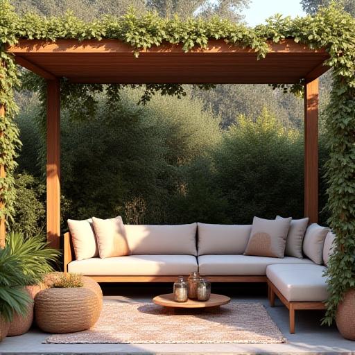 Acogedora zona de estar exterior con pérgola de madera y plantas trepadoras.